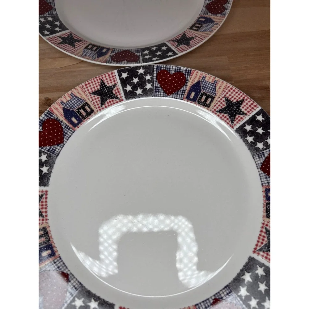 Oneida DC Brown American Quilt Dinner Plates Set of 4 Americana Patriotic 10.5